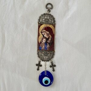 Golden Virgin Mary and Child Icon Evil Eye Wall Tapestry